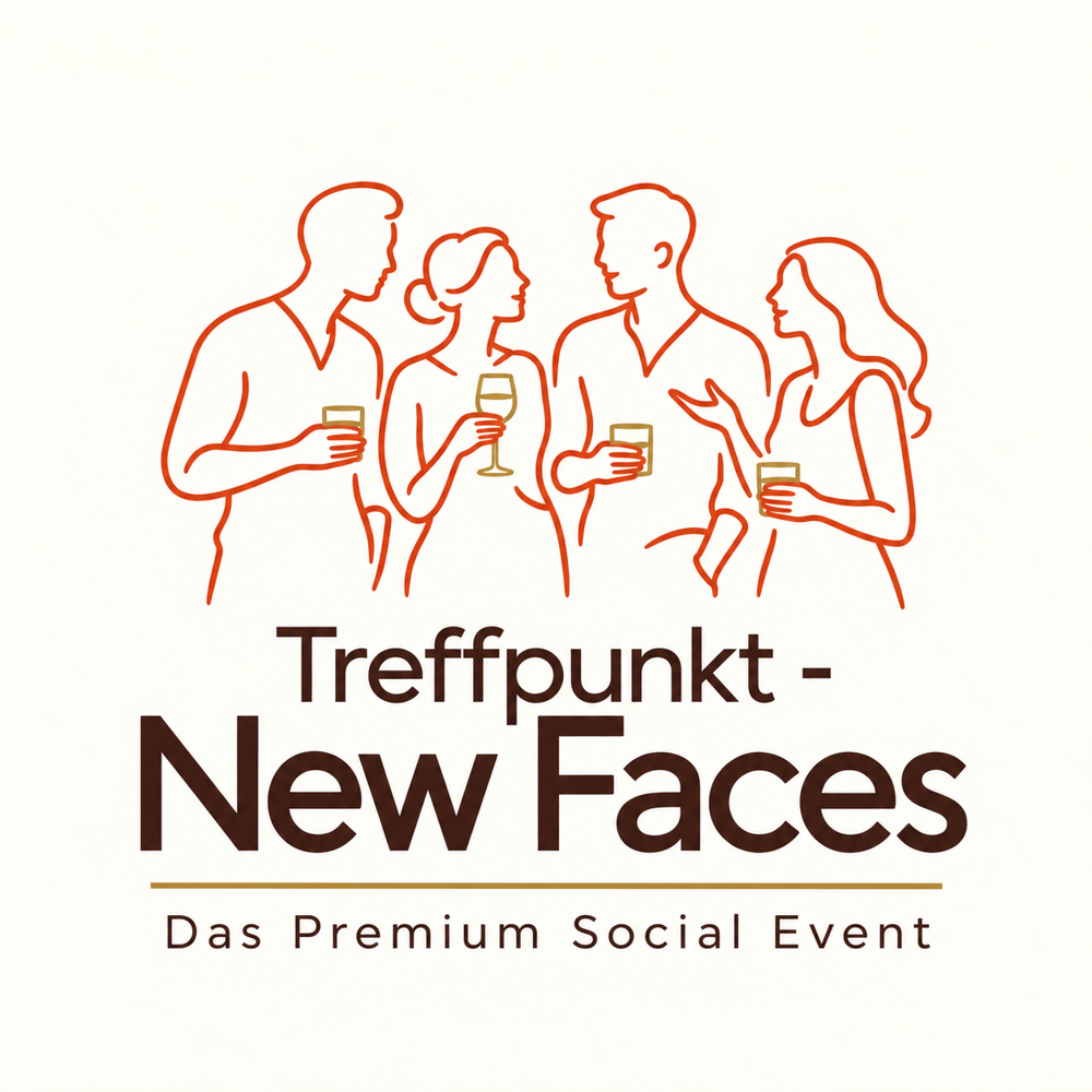 Treffpunkt New Faces – Das Premium Social Event. Vier Menschen im Gespräch mit goldenen Drinks.